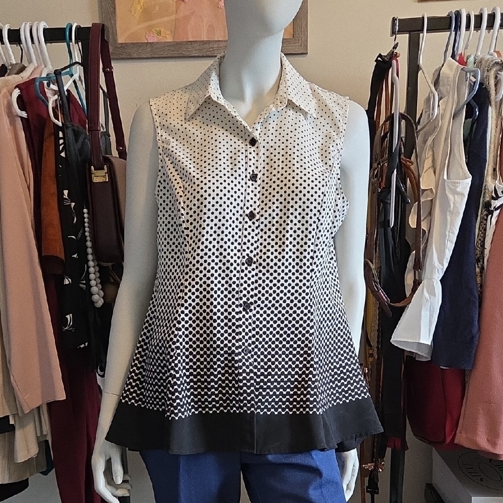 Signature Collection Cream and Black Polka Dot Ombre Sleeveless Fitted Flare Top